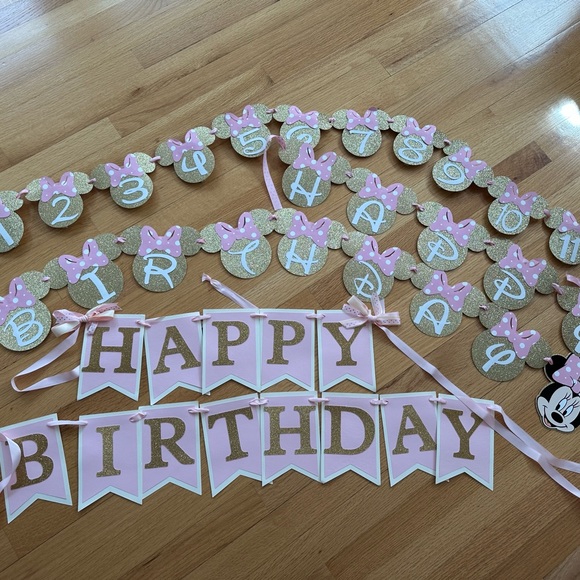 TWO Happy 1st Birthday Banners + month pic banner Minnie pink gold - Picture 7 of 7